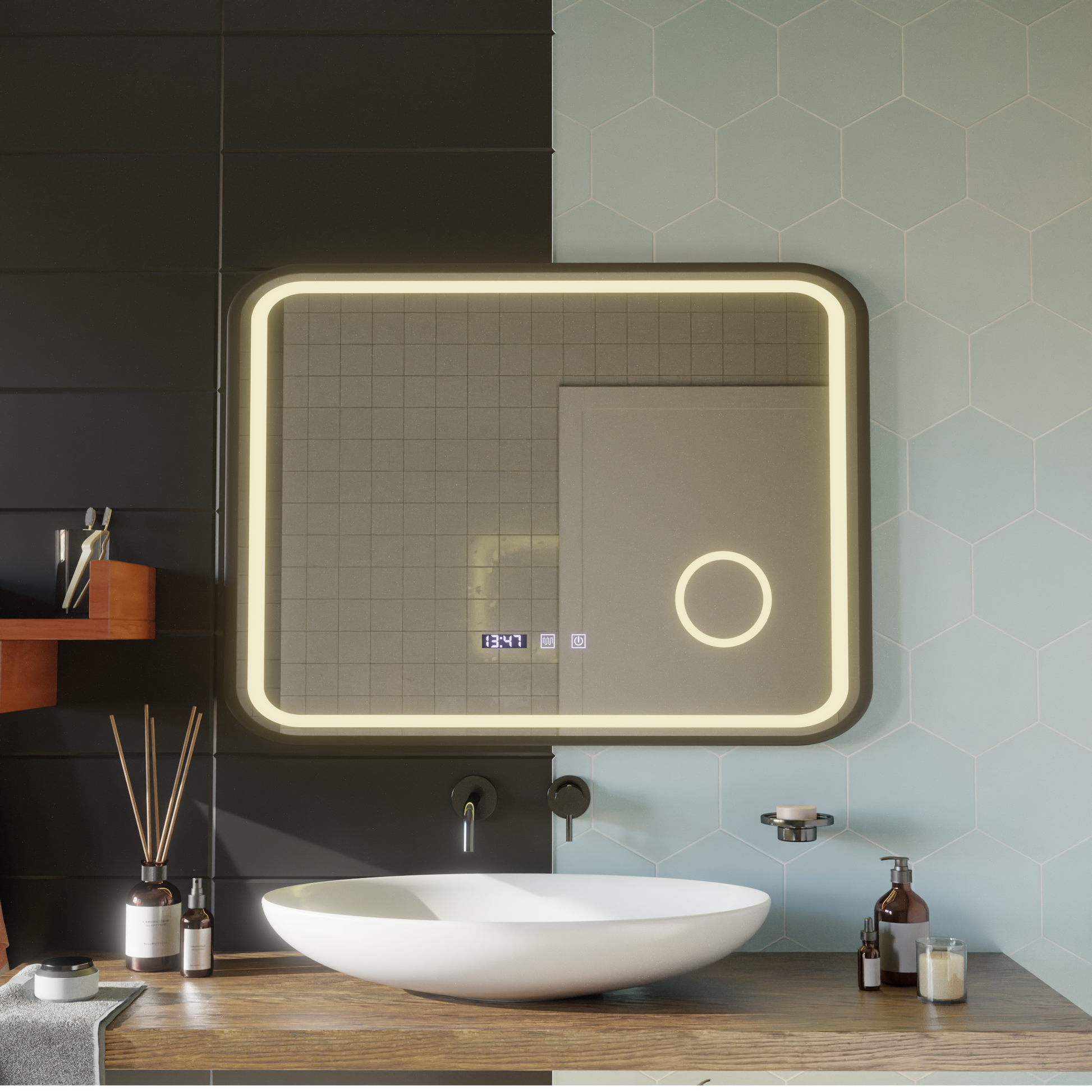 LED Touch Bernd Mirror De-fogging System, Clock and Temperature 80x60 cm Black Frame Brushed Cosmetic Magnifier Mirrors Korman S Default Title Alessandro Design