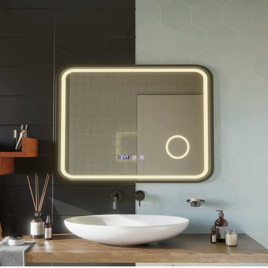 LED Touch Bernd Mirror De-fogging System, Clock and Temperature 80x60 cm Black Frame Brushed Cosmetic Magnifier Mirrors Korman S Default Title Alessandro Design