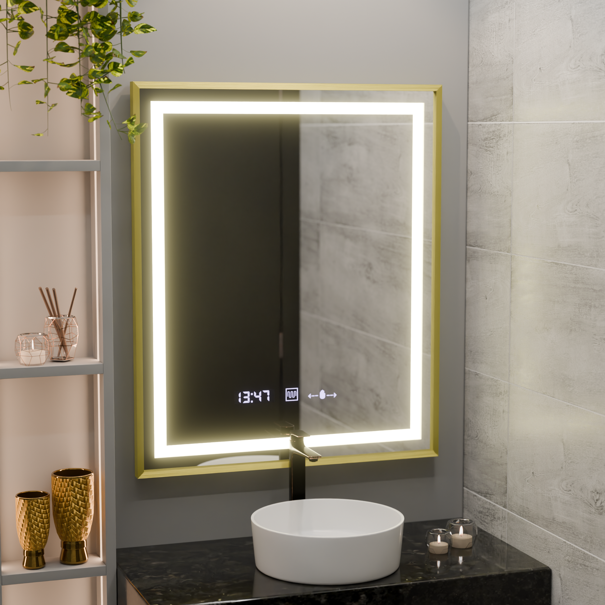 Rectangular LED Mirror, 75x90cm, Verite Royale Gold MotionGlow Marcello, De-fogging System, Clock & Thermometer, Dimable Mirrors Marcello Default Title Alessandro Design