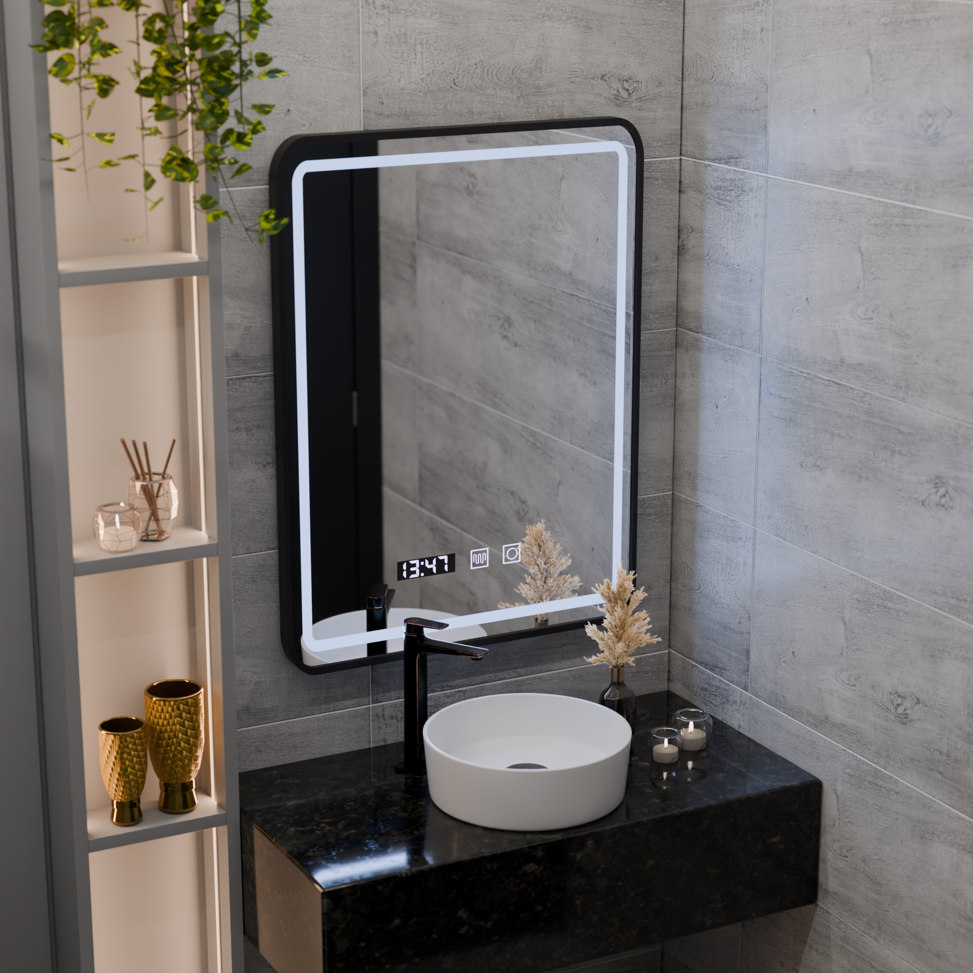 Mirror LED Touch LUCIDA De-fogging System, Clock and Temperature 50x70 cm Frame Black Brushed Mirrors Korman S Default Title Alessandro Design