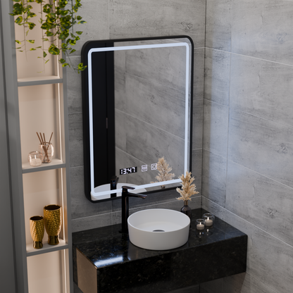 Mirror LED Touch LUCIDA De-fogging System, Clock and Temperature 50x70 cm Frame Black Brushed Mirrors Korman S Default Title Alessandro Design