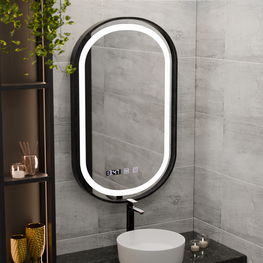 Mirror LED Touch Helmut De-fogging System, Clock and Temperature 50x90 cm Black Frame Brushed Marcello Funghi