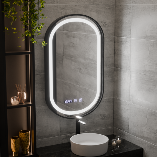 Helmut LED Touch Mirror De-fogging System, Clock and Temperature 50x80 cm Black Frame Brushed Marcello Funghi