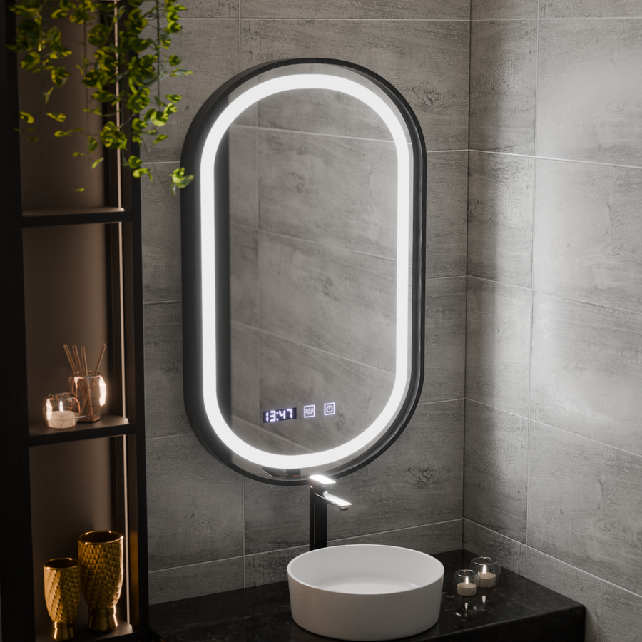 Mirror LED Touch Helmut De-fogging System, Clock and Temperature 50x90 cm Black Frame Brushed Marcello Funghi