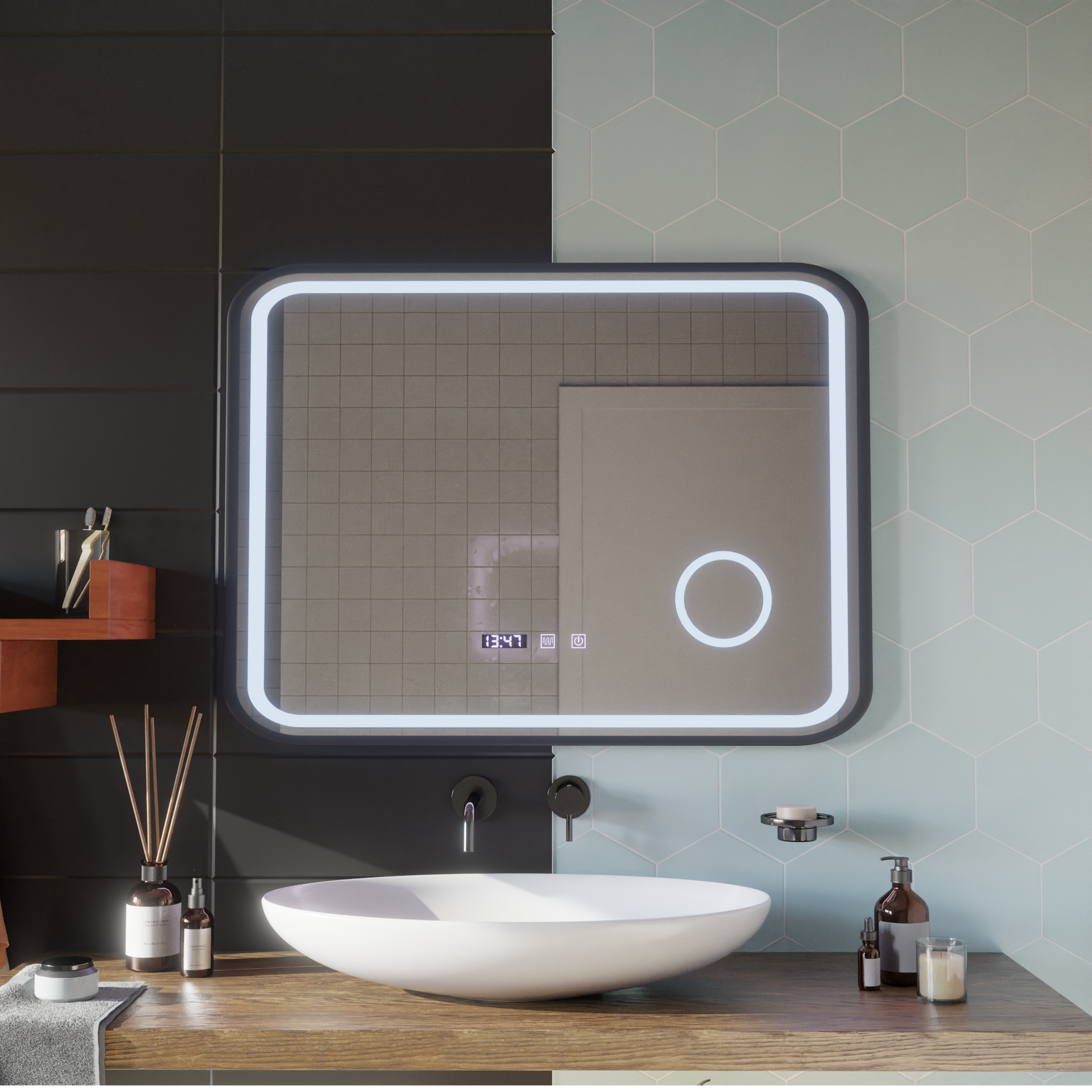 LED Touch Bernd Mirror De-fogging System, Clock and Temperature 80x60 cm Black Frame Brushed Cosmetic Magnifier Mirrors Korman S Default Title Alessandro Design