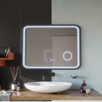 LED Touch Bernd Mirror De-fogging System, Clock and Temperature 80x60 cm Black Frame Brushed Cosmetic Magnifier Mirrors Korman S Default Title Alessandro Design