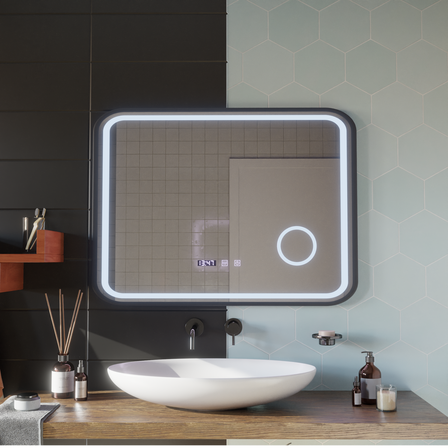 LED Touch Bernd Mirror De-fogging System, Clock and Temperature 80x60 cm Black Frame Brushed Cosmetic Magnifier Mirrors Korman S Default Title Alessandro Design