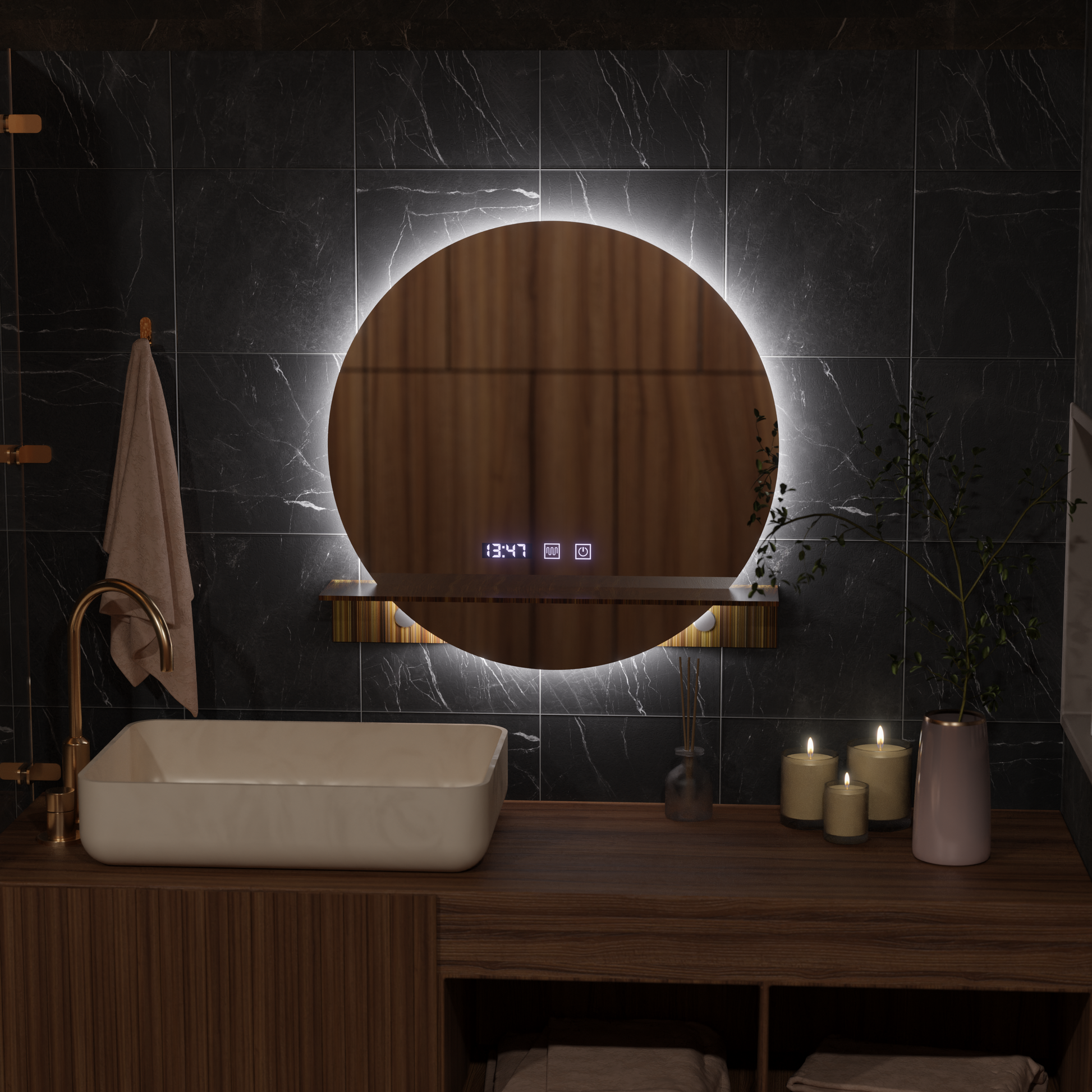 Mirror LED Touch Alfred Defogging System, Clock and Temperature 60x60 cm With Integrated Support Mirrors Korman S Default Title Alessandro Design