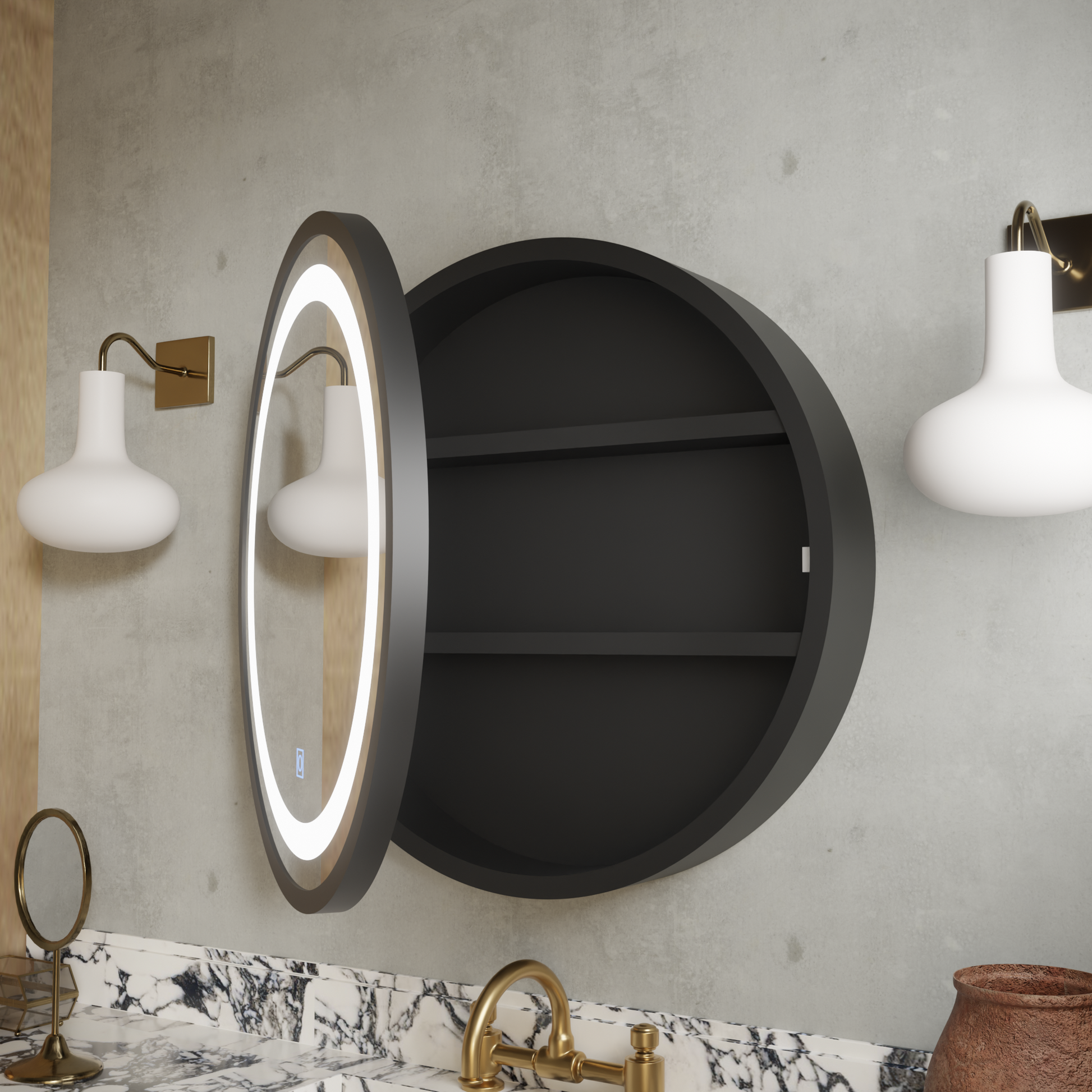 Oglinda LED cu Dulap, Rotunda, 10W, 50x50cm, Dezaburire, Rama Neagra, Spatiu de Depozitare Oglinzi Dulap Default Title Alessandro Design