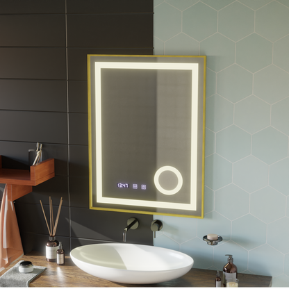 LED Touch CLARUS Mirror De-fogging System, Clock and Temperature 60x80 cm Gold Frame Brushed Cosmetic Magnifier Mirrors Korman S Default Title Alessandro Design