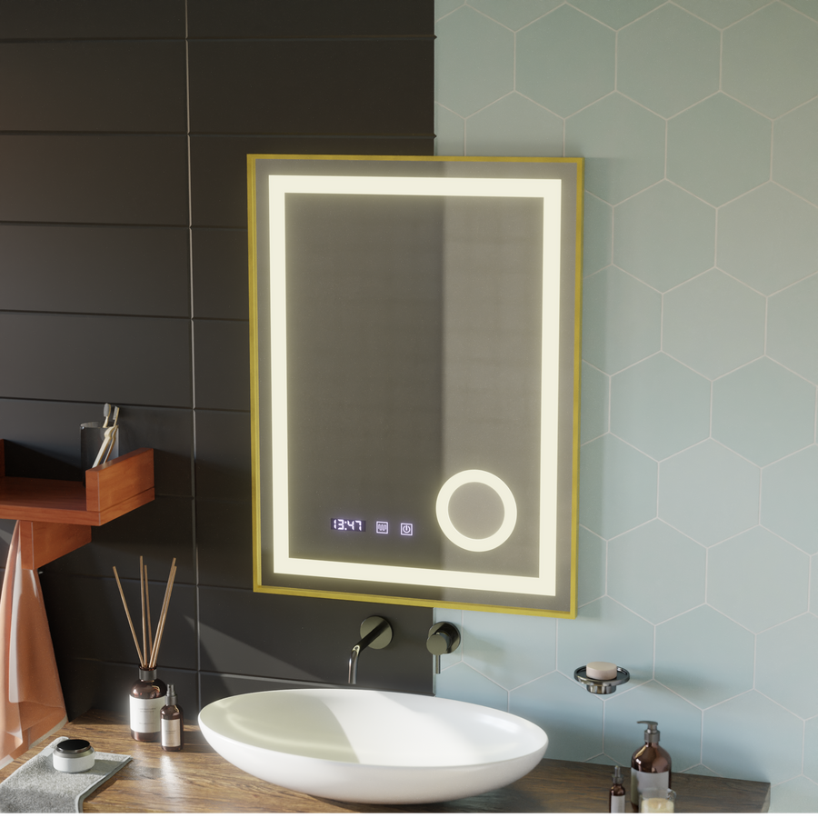 LED Touch CLARUS Mirror De-fogging System, Clock and Temperature 60x80 cm Gold Frame Brushed Cosmetic Magnifier Mirrors Korman S Default Title Alessandro Design