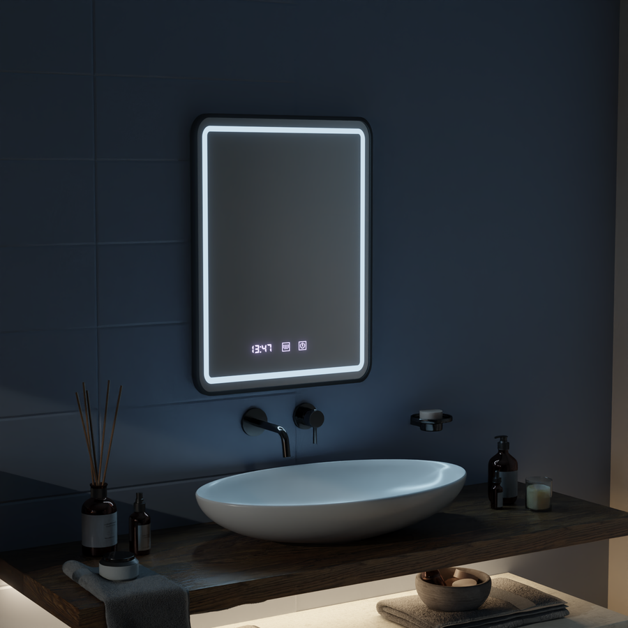 Mirror LED Touch LUCIDA Defogging System, Clock and Temperature 60x80 cm Frame Black Brushed Mirrors Korman S Default Title Alessandro Design
