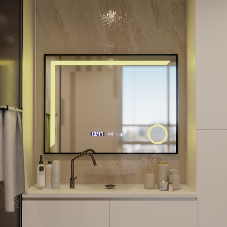 LED Mirror Sensor MotionGlow Francesca 80x60 cm Warm/Cold/Neutral Light Dimmable Black Frame Brushed Demist System Thermometer Clock Marcello Funghi Collection Marcello Mirrors Default Title Alessandro Design
