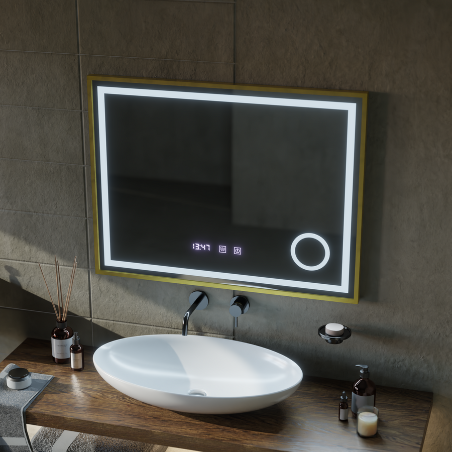 LED Touch CLARUS Mirror De-fogging System, Clock and Temperature 80x60 cm Gold Frame Brushed Cosmetic Magnifier Mirrors Korman S Default Title Alessandro Design