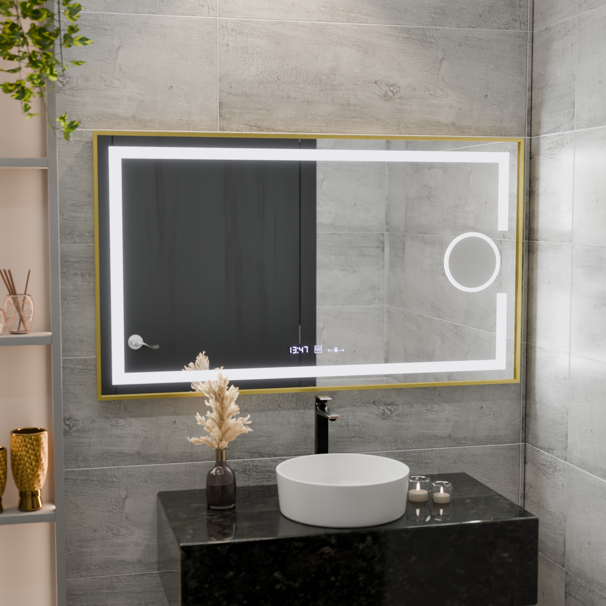 Oglinda LED Rectangulara, 120x80cm, Eclat MotionGlow Marcello, Sistem Dezaburire, Ceas & Termometru, Lupa Cosmetica, Dimabila, Rama Auriu Brushed Oglinzi Marcello Default Title Alessandro Design