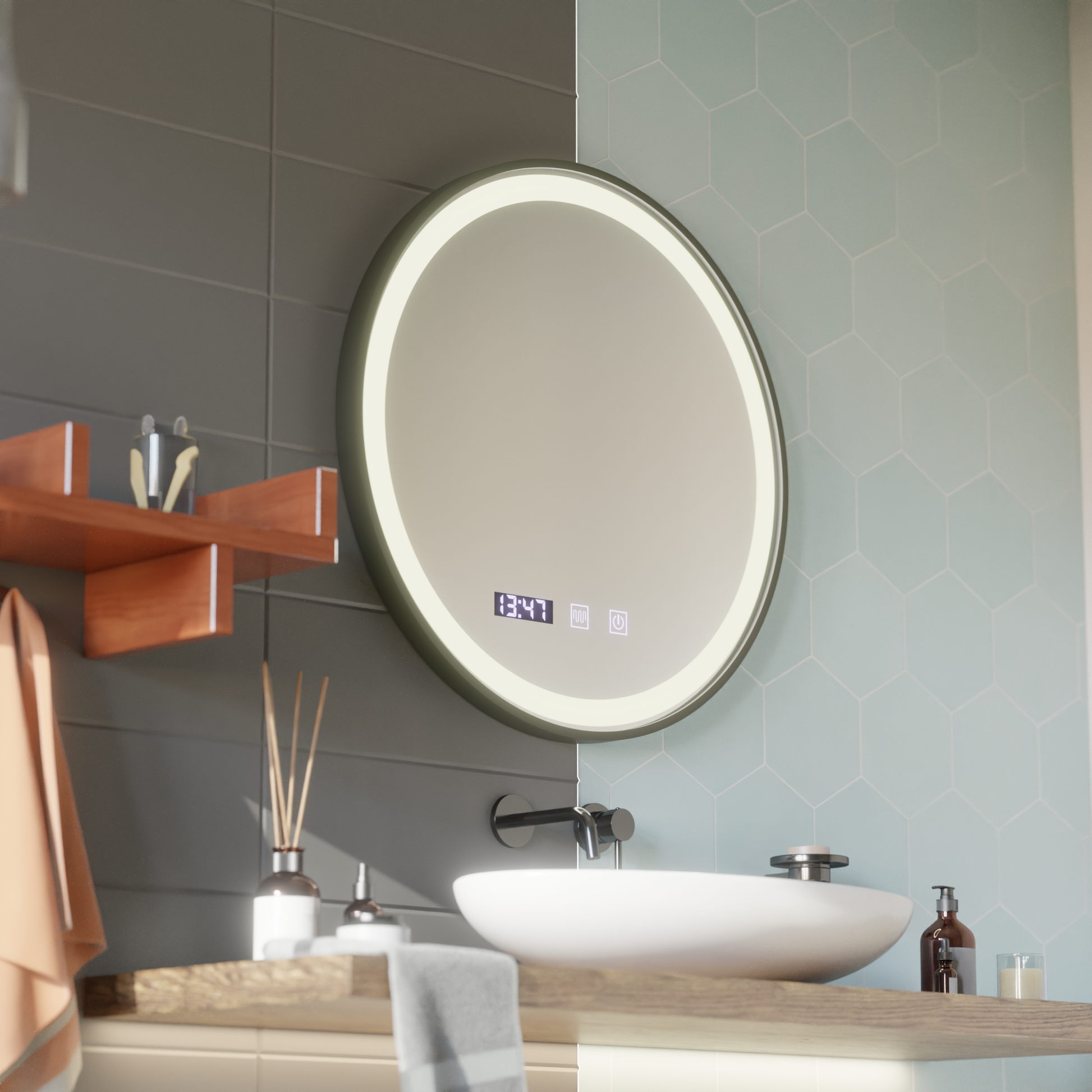 LED Touch Mirror NOVARA Demister System, Clock and Temperature 70 cm Black Frame Brushed Korman Mirrors S Default Title Alessandro Design