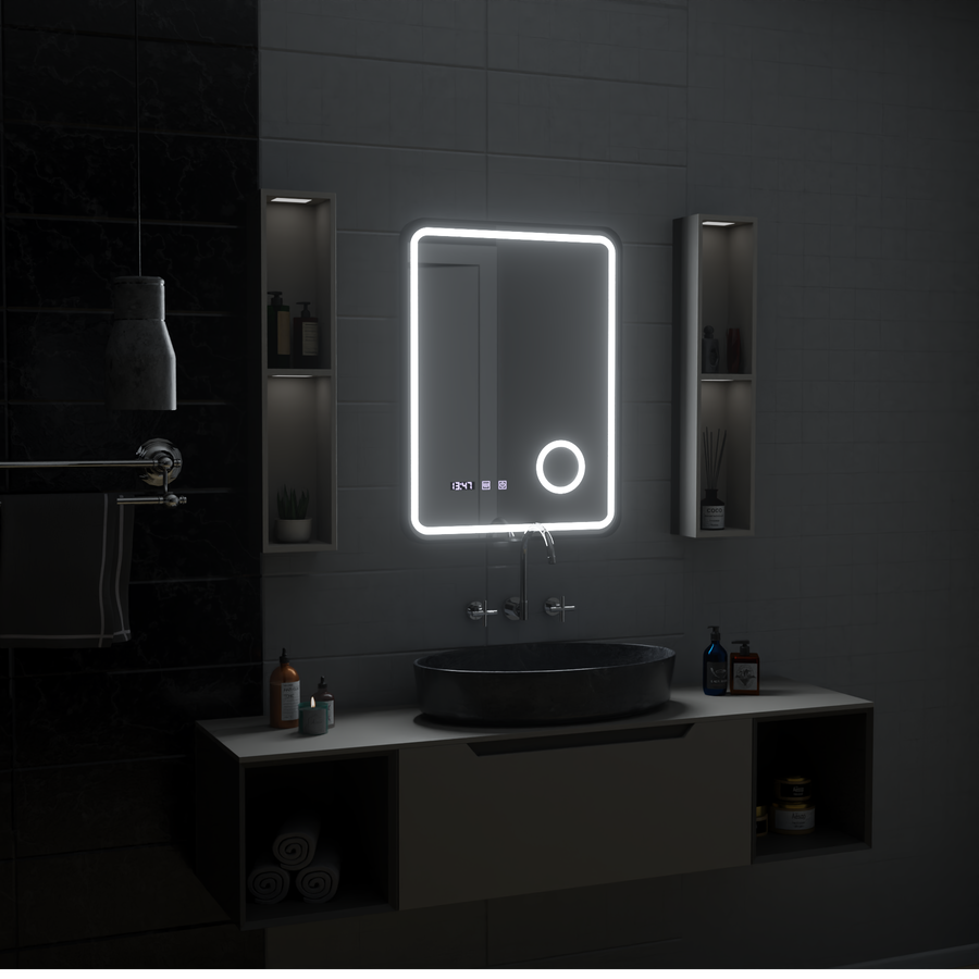 Ulrich LED Touch Mirror De-fogging System, Clock and Temperature 75x90 cm Black Frame Brushed Cosmetic Magnifier Mirrors Korman S Default Title Alessandro Design