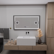LED Mirror MotionGlow Domingo Sensor with Defog function Thermometer Clock 120x65 cm Cold/Warm/Neutral Light Dimmable, Brushed Black Frame, Marcello Funghi collection