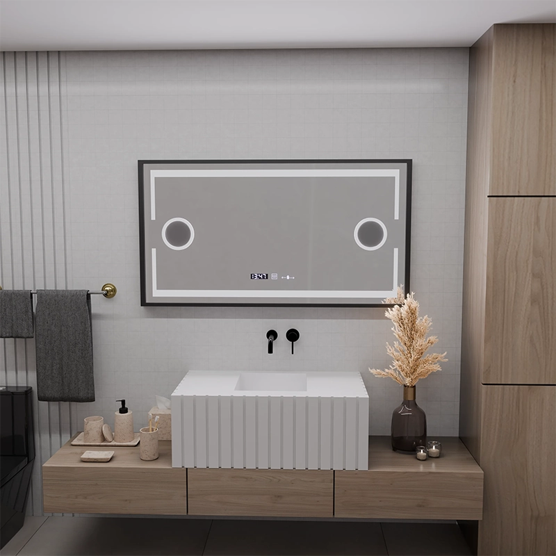 LED Mirror MotionGlow Domingo Sensor with Defog function Thermometer Clock 120x65 cm Cold/Warm/Neutral Light Dimmable, Brushed Black Frame, Marcello Funghi collection