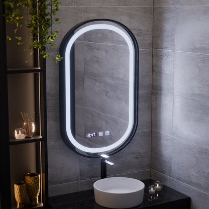 Mirror LED Touch Helmut De-fogging System, Clock and Temperature 50x90 cm Black Frame Brushed Marcello Funghi