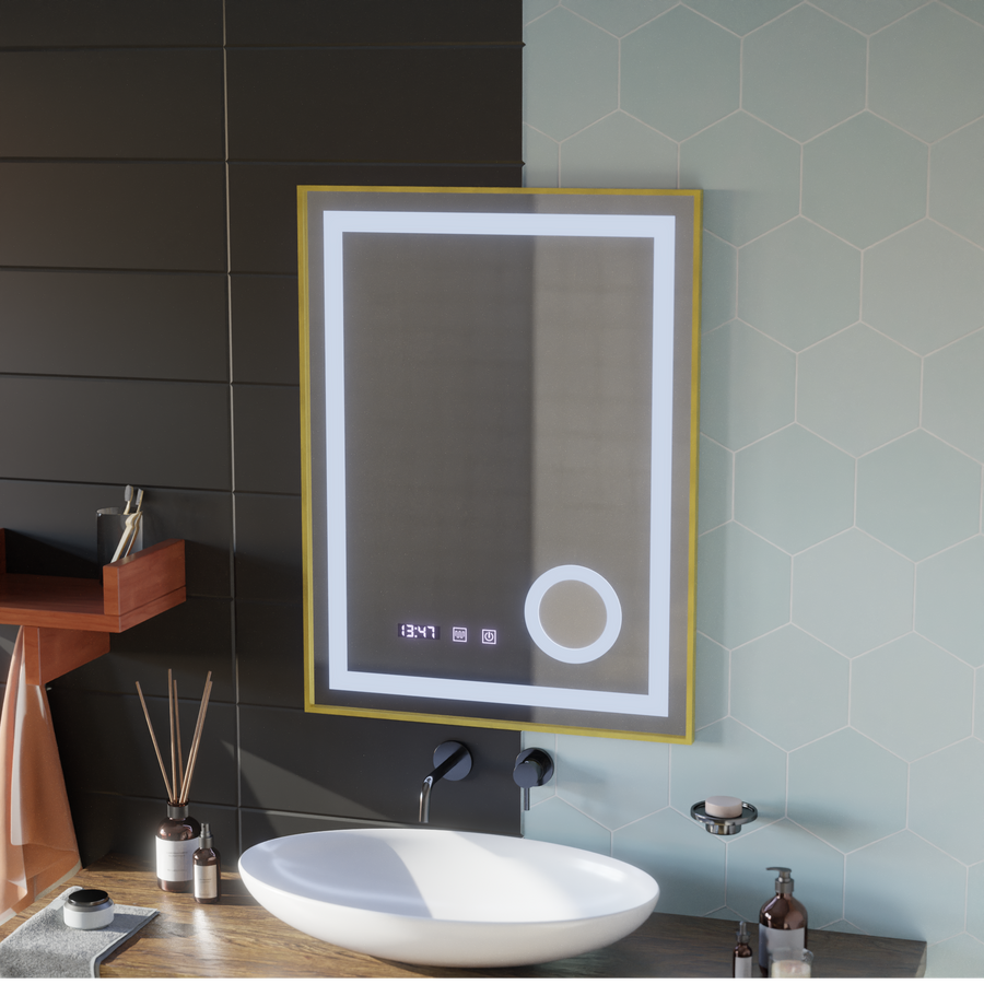 LED Touch CLARUS Mirror De-fogging System, Clock and Temperature 60x80 cm Gold Frame Brushed Cosmetic Magnifier Mirrors Korman S Default Title Alessandro Design
