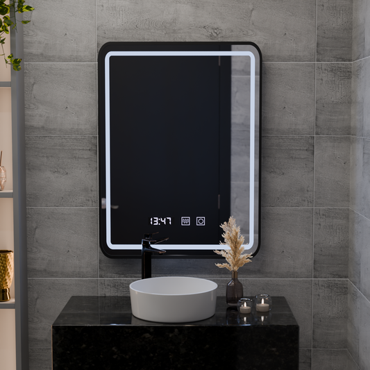 Mirror LED Touch LUCIDA De-fogging System, Clock and Temperature 50x70 cm Frame Black Brushed Mirrors Korman S Default Title Alessandro Design