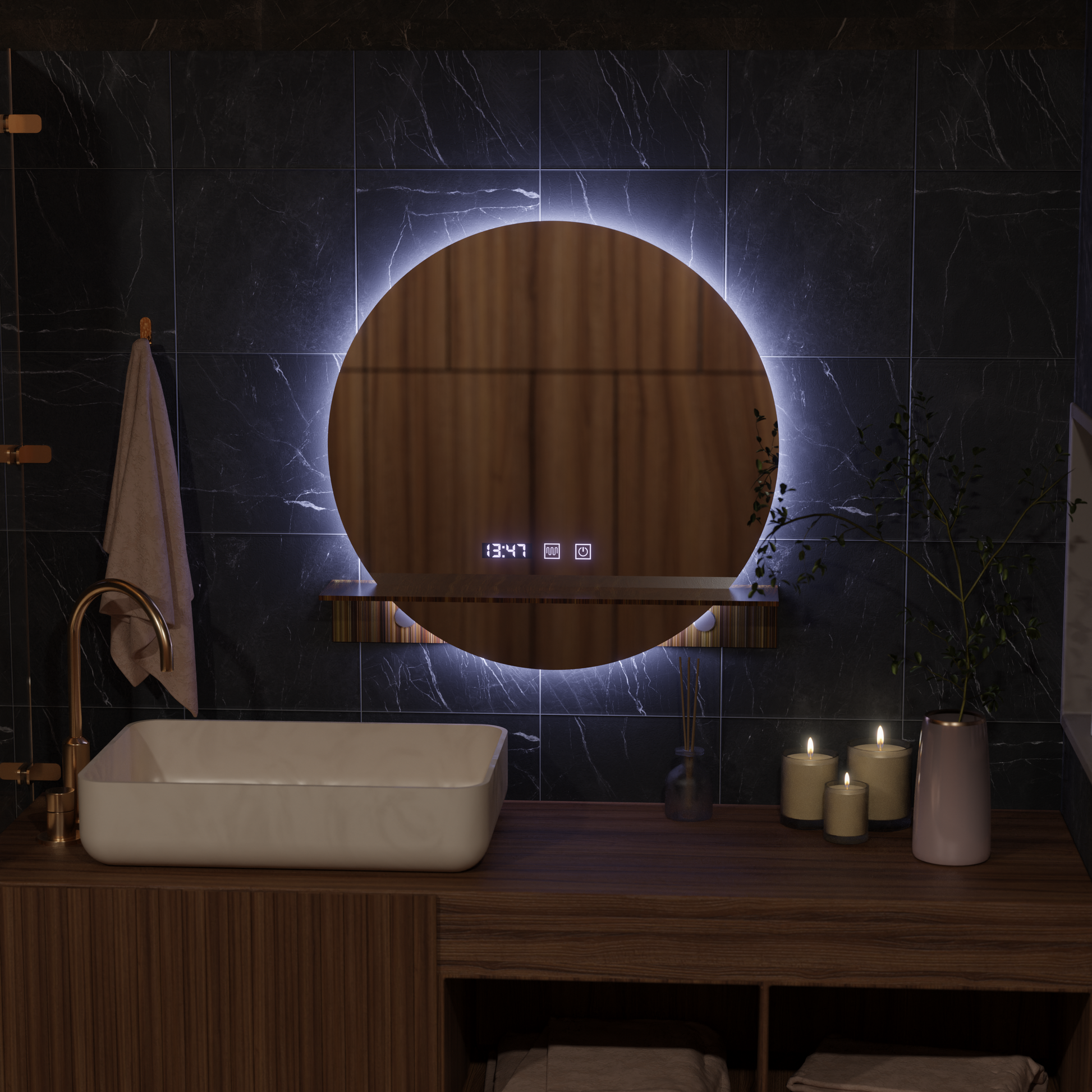 Mirror LED Touch Alfred Defogging System, Clock and Temperature 60x60 cm With Integrated Support Mirrors Korman S Default Title Alessandro Design