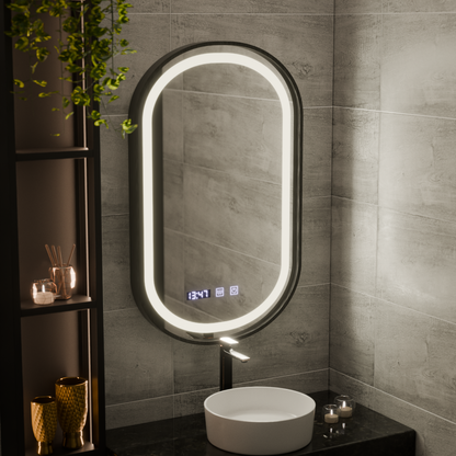 Mirror LED Touch Helmut De-fogging System, Clock and Temperature 50x90 cm Black Frame Brushed Marcello Funghi