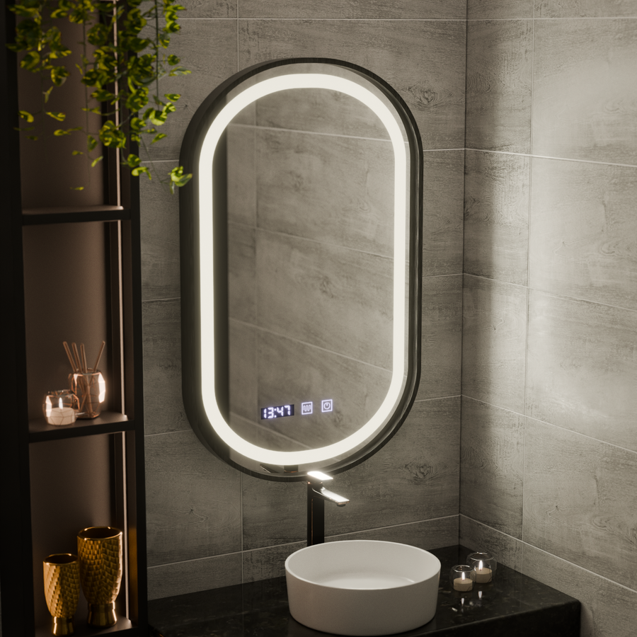 Mirror LED Touch Helmut De-fogging System, Clock and Temperature 50x90 cm Black Frame Brushed Marcello Funghi