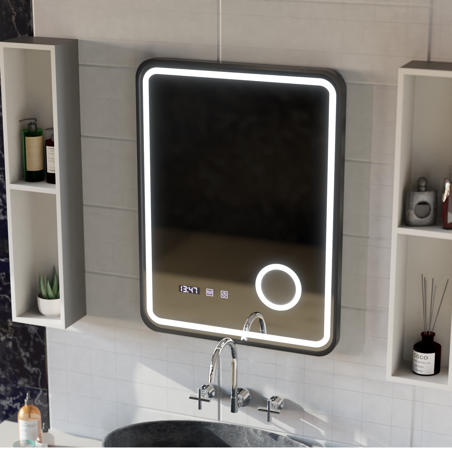 Ulrich LED Touch Mirror De-fogging System, Clock and Temperature 75x90 cm Black Frame Brushed Cosmetic Magnifier Mirrors Korman S Default Title Alessandro Design