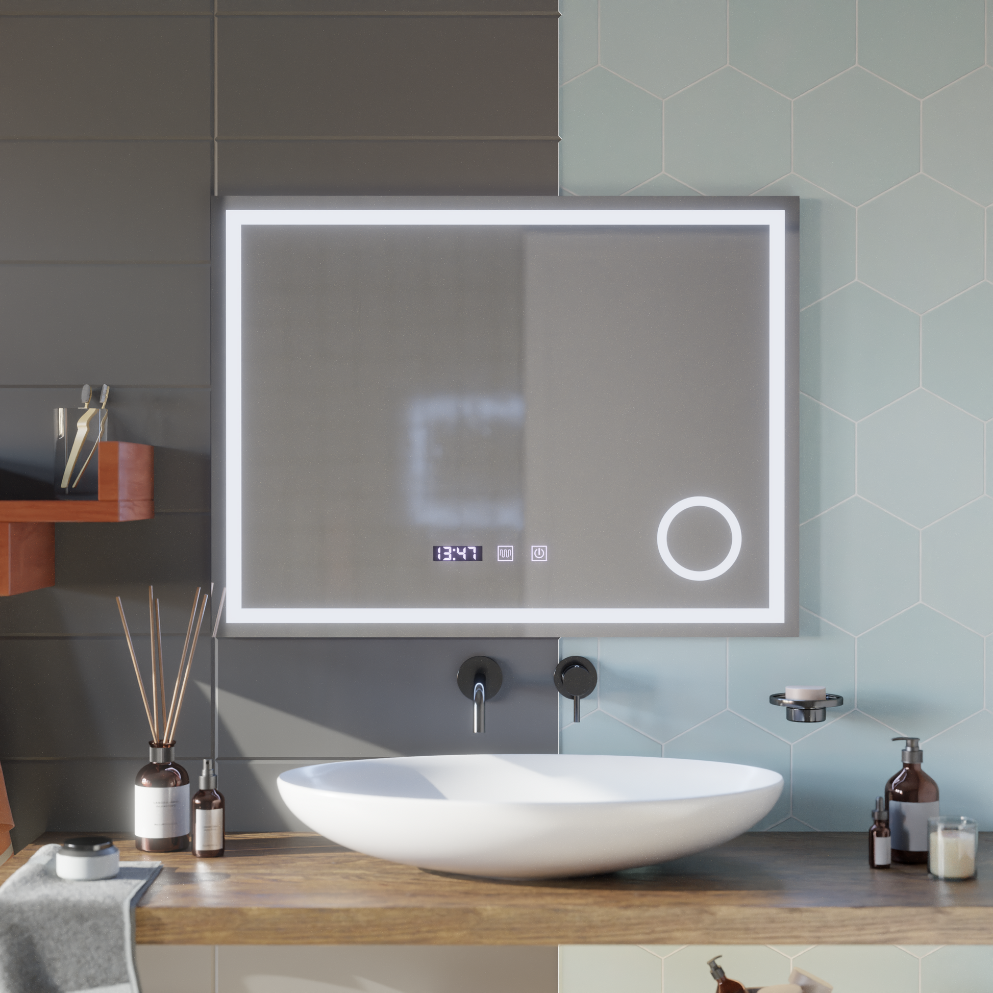 LED Touch Mirror NIVERA De-fogging System, Clock and Temperature 80x60 cm Cosmetic Magnifier Mirrors Korman S Default Title Alessandro Design