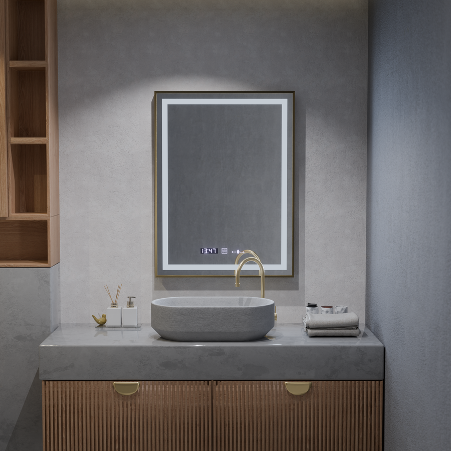Rectangular LED Mirror, 60x80cm, Verite Royale Gold MotionGlow Marcello, De-fogging System, Clock & Thermometer, Dimable Mirrors Marcello Default Title Alessandro Design