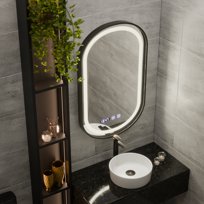 Mirror LED Touch Helmut De-fogging System, Clock and Temperature 50x90 cm Black Frame Brushed Marcello Funghi