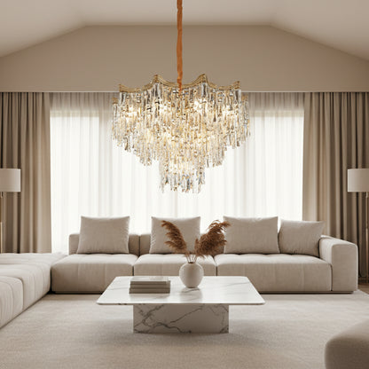 Candelabru Cristal VETRA Regalis 17xE14, D80 cm, Auriu, Inaltime Reglabila, Metal si Cristal