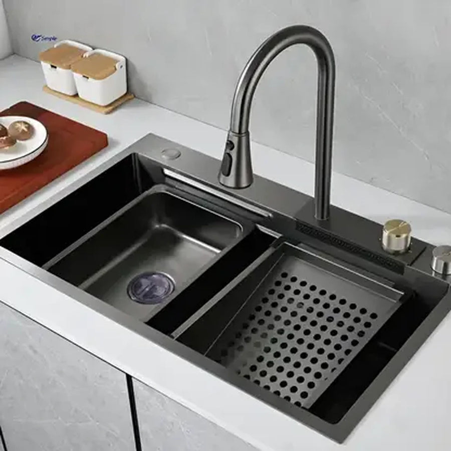 Stainless Steel Kitchen Sink Set with Double Faucet, Perforated Vegetable/Fruit Bowl, Universal Bowl with Drain Plug, Chopper, Graphite Black, 75x45X21cm Sinks Default Title Alessandro Design