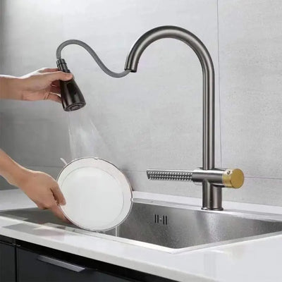 Kitchen faucet with pull-out gray stainless steel shower with waterfall function YB1500N