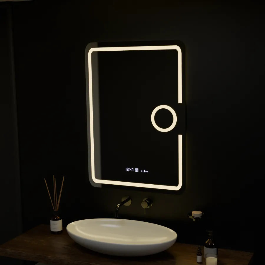 Rectangular LED Mirror, 50x70cm, Eclat MotionGlow Marcello, De-fogging System, Clock & Thermometer, Cosmetic Magnifier, Dimable Marcello Mirrors Default Title Alessandro Design