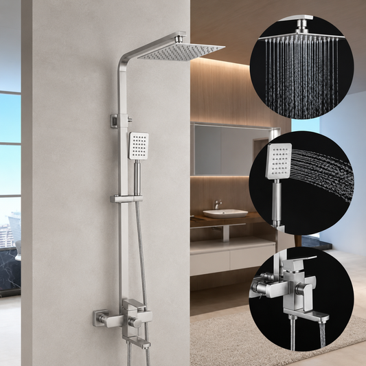 SET Shower column with faucet, Stainless steel, square para, rain effect, 3 functions, wall mounting, Satin, Accessories Included, LY005 Faucets & Shower Columns Default Title Alessandro Design