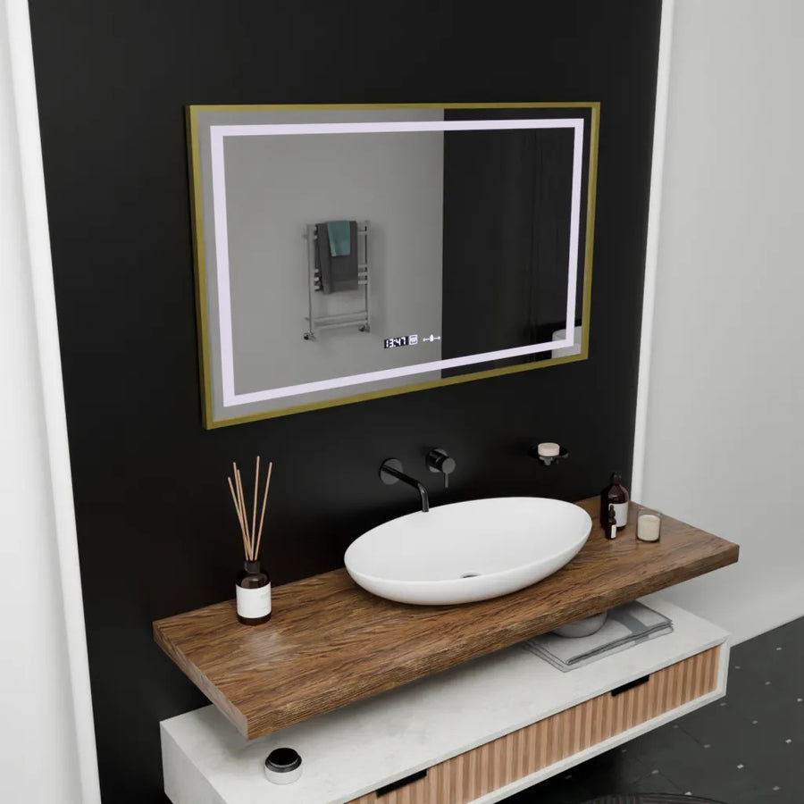 Rectangular LED Mirror, 100x80cm, Verite Royale Gold Motion Glow Marcello, Demisting System, Clock & Thermometer, Dimable Mirrors Marcello Default Title Alessandro Design