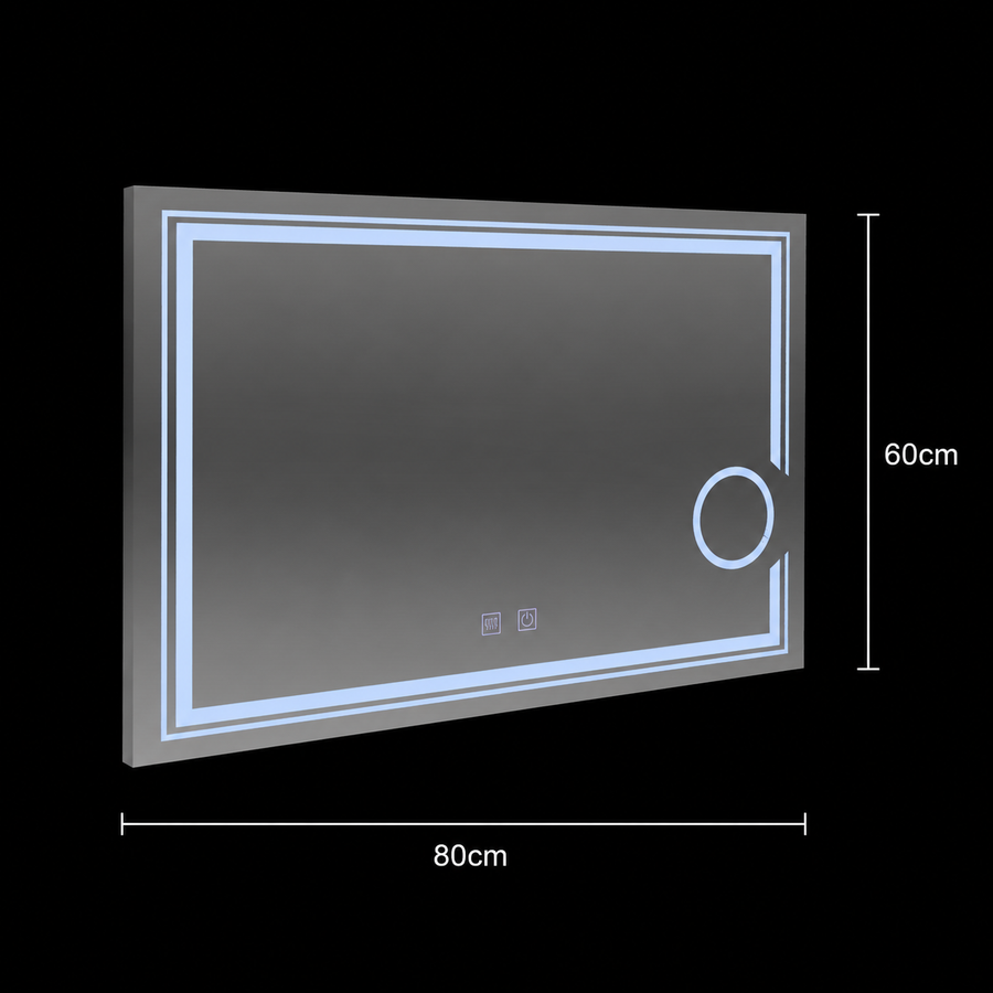 Rectangular LED mirror, 80x60cm, CANTO Touch, Demister System, Dimmable