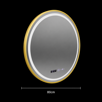 LED Round Mirror, 80cm, Celeste Royale Gold MotionGlow Marcello, Demister System, Clock & Thermometer, Dimmable