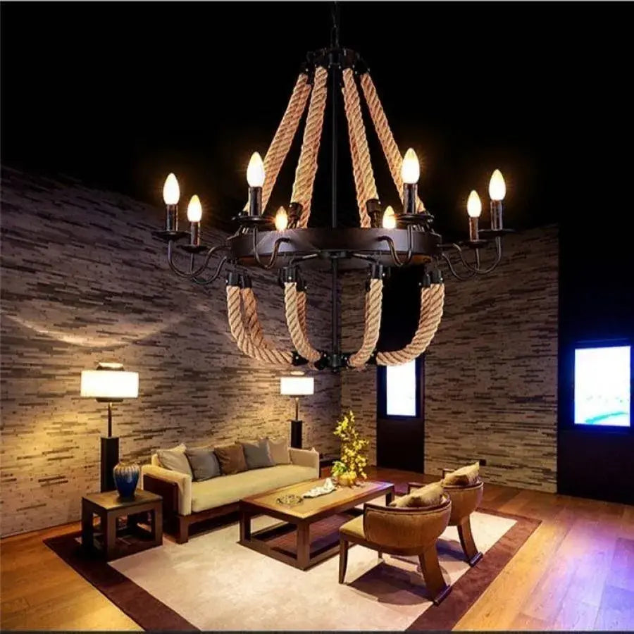 Circular Chandelier, 8xE14, Black, Metal and String Vintage Chandelier Default Title Alessandro Design