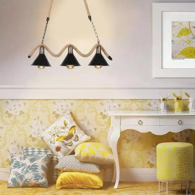 Rope Chandelier, 3*E27, Brown, Metal and String