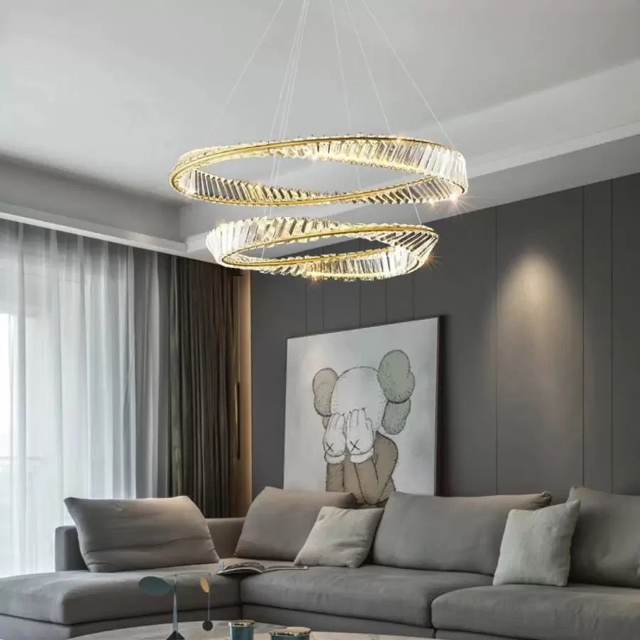 Suspended LED chandelier with remote control and crystal CAIRO 98W, 2 Circles, Cold/Warm/Neutral light, Dimmable, Shiny Gold, Height Adjustable Crystal LED Chandeliers Default Title Alessandro Design