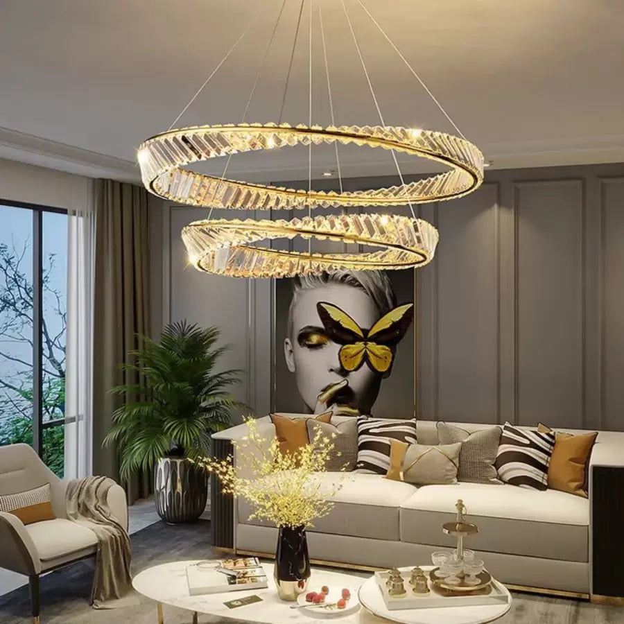 Suspended LED chandelier with remote control and crystal CAIRO 98W, 2 Circles, Cold/Warm/Neutral light, Dimmable, Shiny Gold, Height Adjustable Crystal LED Chandeliers Default Title Alessandro Design