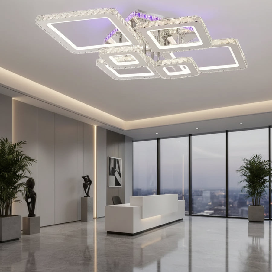 LED chandelier with remote control and crystal NOVA RHOMBA RGB 168W, 6 Squares, Cold/Warm/Neutral light, Dimmable, Shiny Chrome LED Chandeliers & Crystals Default Title Alessandro Design
