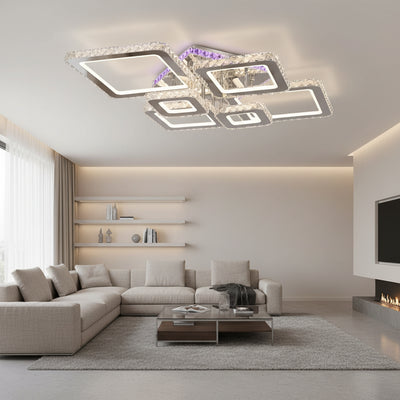 LED chandelier with remote control and crystal NOVA RHOMBA RGB 168W, 6 Squares, Cold/Warm/Neutral light, Dimmable, Shiny Chrome