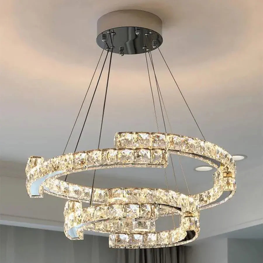 Suspended LED chandelier with remote control and crystal MIA LATIFAH 55W, 2 Circles, Cold/Warm/Neutral light, Dimmable, Shiny Chrome, Adjustable Height LED Chandeliers with Remote Control Default Title Alessandro Design