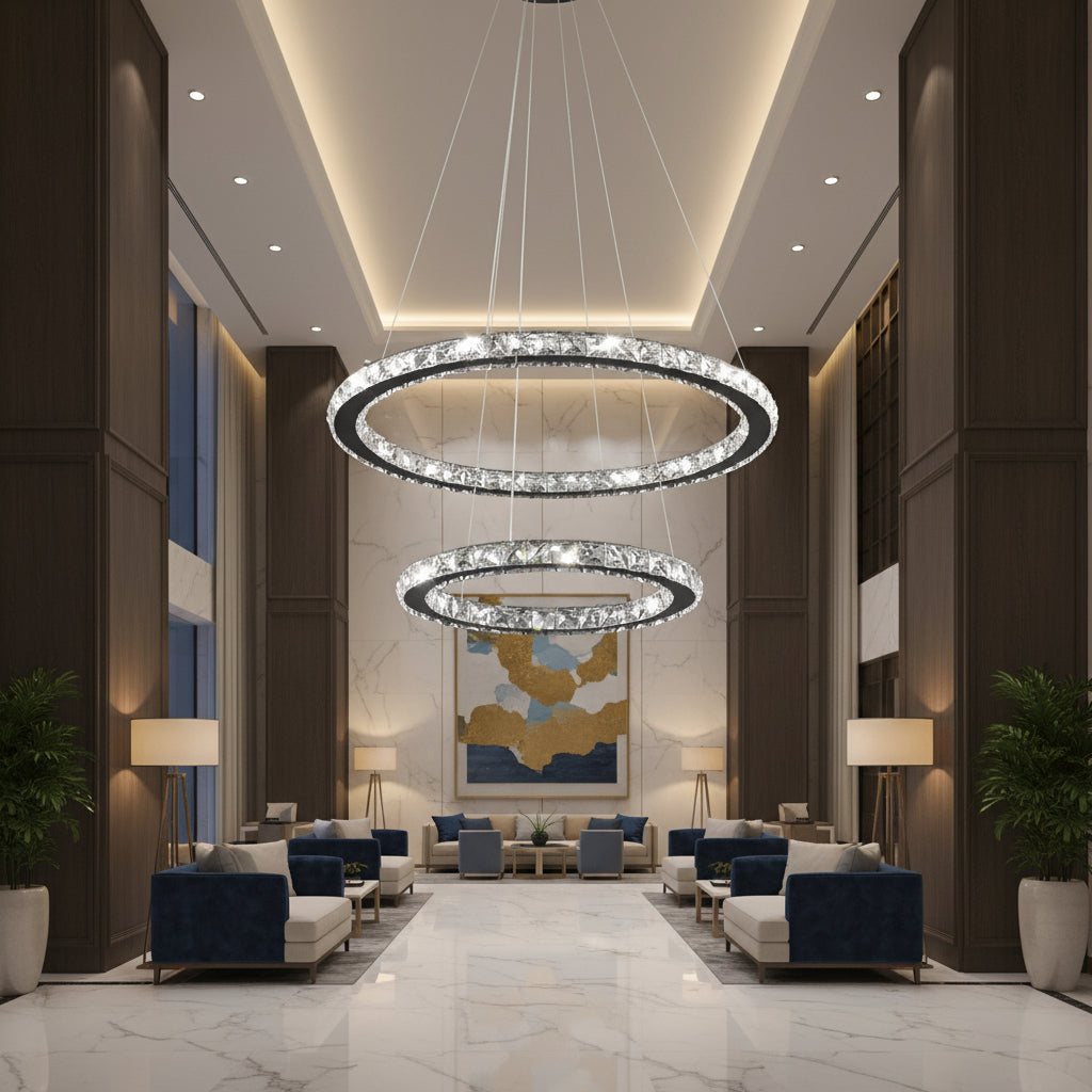 LED Chandelier with remote control and crystal PRISM LUMINIS 58W, 2 Circles, Cold/Warm/Neutral light, Dimmable, Chrome and White, Adjustable Height LED Chandeliers with Remote Control Default Title Alessandro Design