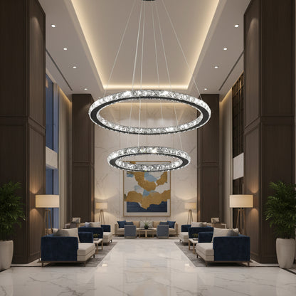LED Chandelier with remote control and crystal PRISM LUMINIS 58W, 2 Circles, Cold/Warm/Neutral light, Dimmable, Chrome and White, Adjustable Height LED Chandeliers with Remote Control Default Title Alessandro Design